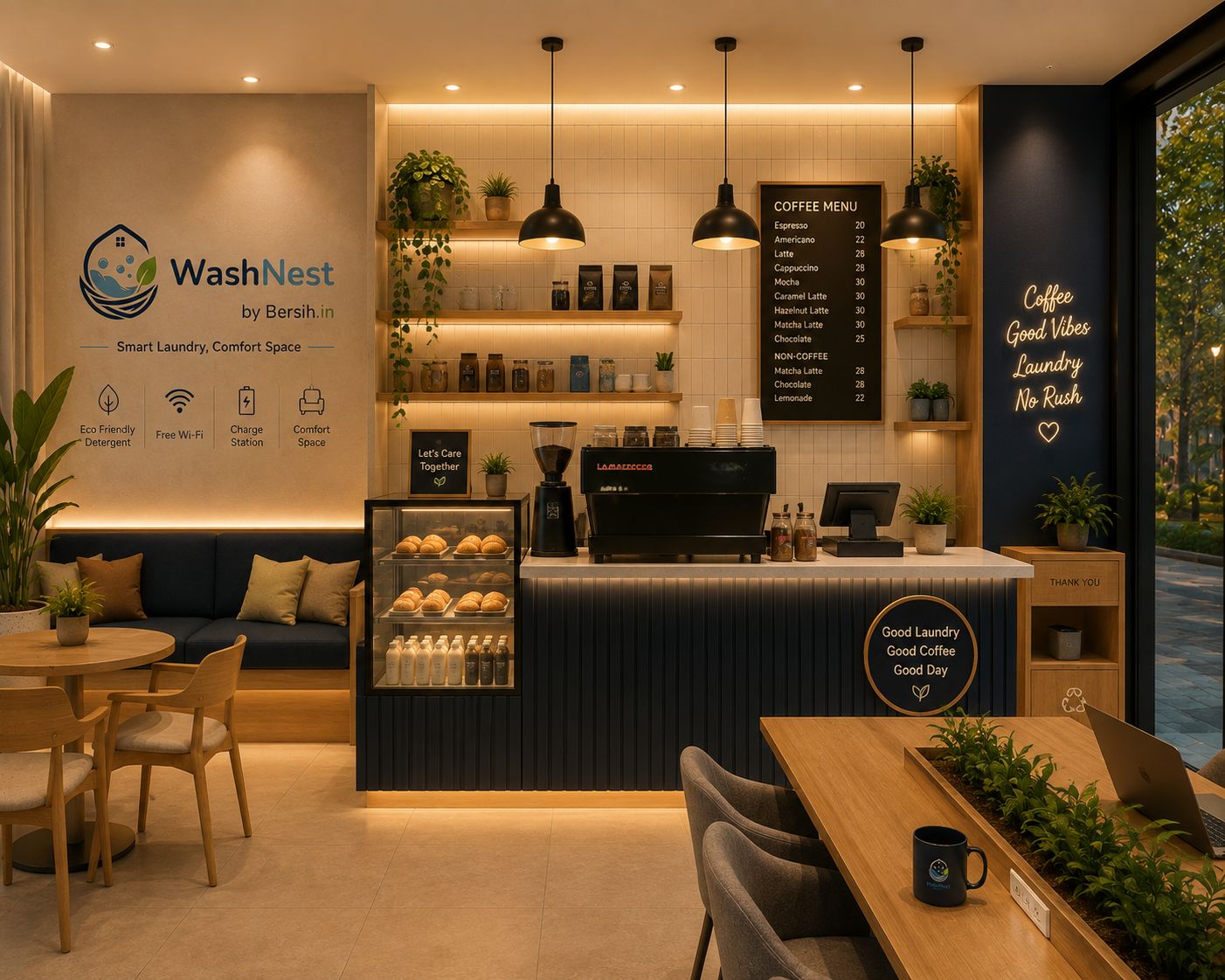 Comfort lounge WashNest — sofa nyaman, eco messaging wall, dan spot kerja sambil menunggu cucian